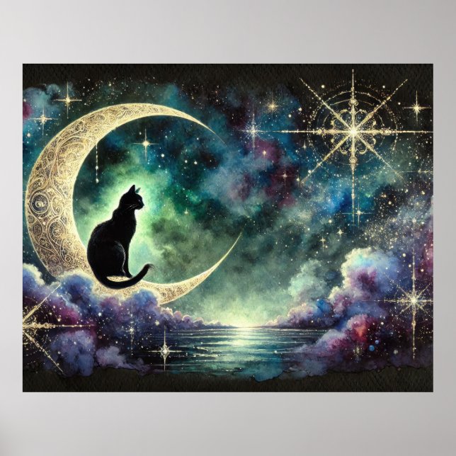 Poster Gato Negro na Lua Crescente com o céu noturno estr (Frente)