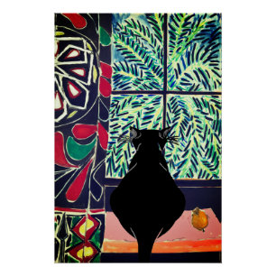 Pôster Gato Negro no Poster brilhante da janela