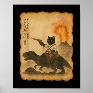 Poster Gato Negro Samurai Andando Rindo Erupção Vulcânica