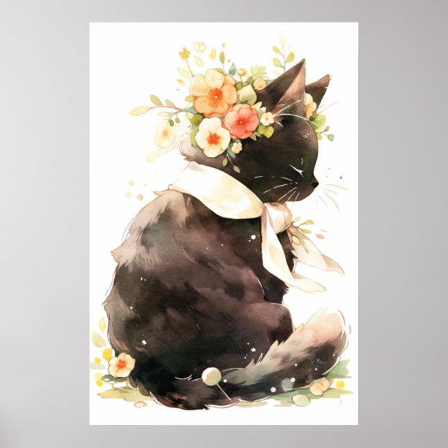 Poster Gato Negro Vestindo Flor Coroa (Frente)