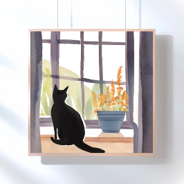 Pôster Gato no parapeito da janela | Silhueta Aquarela 