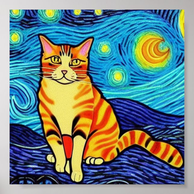 Poster gato noite estrelada de Van Gogh (Frente)