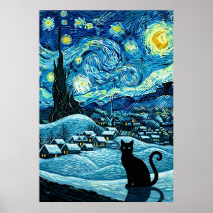 Poster Gato Noturno Estrelado Inspirado em Van Gogh