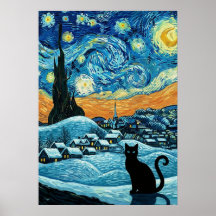 Gato Noturno Estrelado Inspirado em Van Gogh
