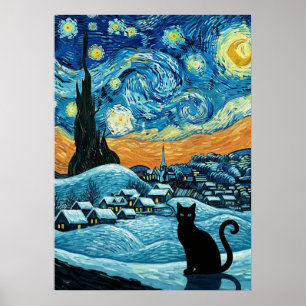 Poster Gato Noturno Estrelado Inspirado em Van Gogh