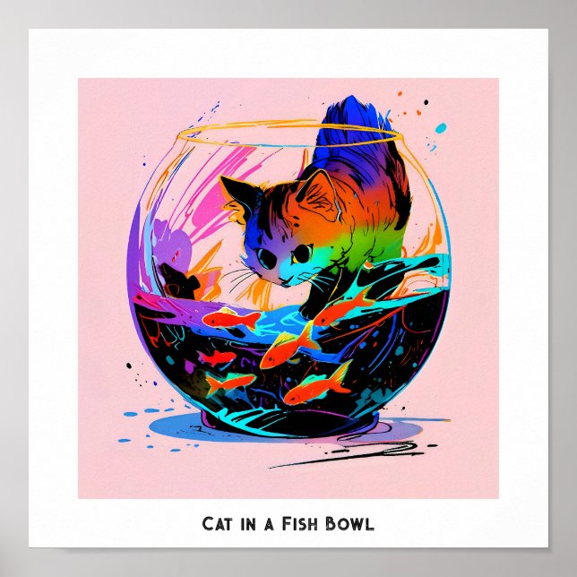 Poster Gato numa tigela de peixe (Frente)