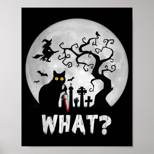 Poster Gato O Quê_ Halloween Gato Preto Com Faca - Engraç (Frente)