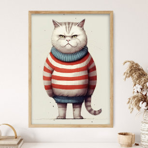 Poster Gato Obeso em Suéter de Natal, Decoração de Gato E