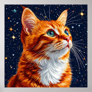Poster Gato Olhando para um Céu Cósmico Estrelado