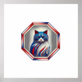 Poster Gato Patriótico Vermelho Branco & Azul na Moldura