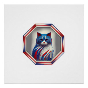 Pôster Gato Patriótico Vermelho Branco & Azul na Moldura