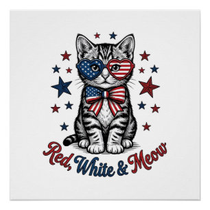 Pôster Gato Patriótico Vermelho Branco e Meow Design Vint