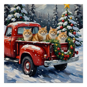 Pôster Gato Persa Caminhão Vermelho Natal Feriado