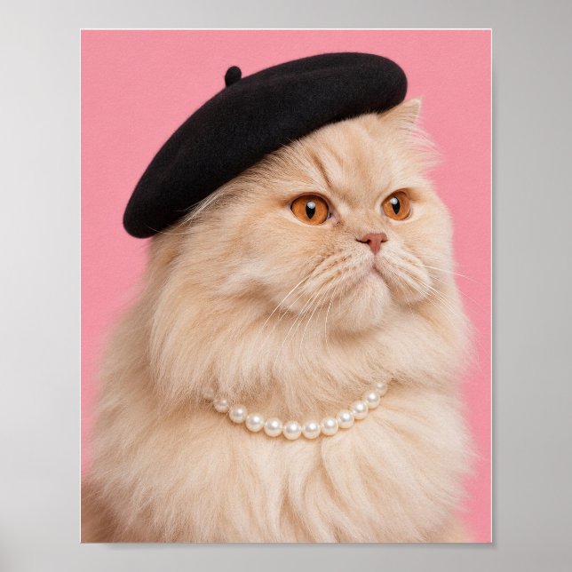 Poster Gato Persa com Colar de Pérolas e Boina (Frente)