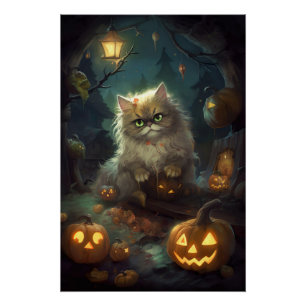 Pôster Gato Persa do Halloween Com Pumpkins Assustado