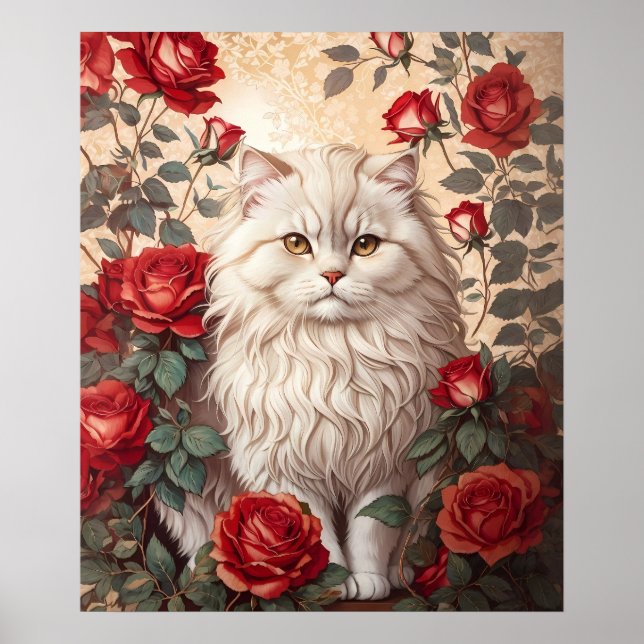 Poster Gato Persa Elegante Vintage com Rosas (Frente)