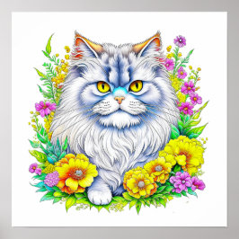 Poster Gato Persa em Flores Amarelas e Rosa