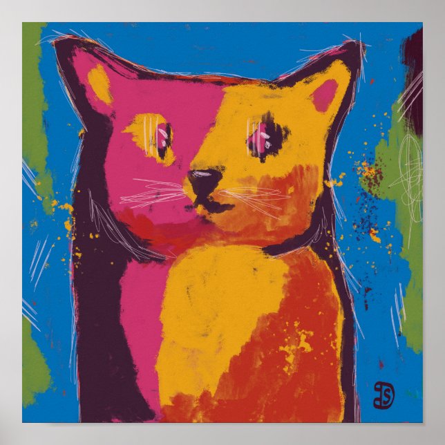 Poster Gato, pintura digital abstrata, cores brilhantes (Frente)