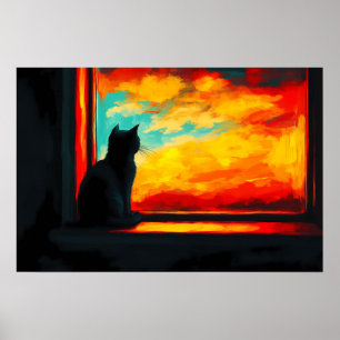 Poster Gato Pop Art ao Pôr do Sol - Vista da Janela