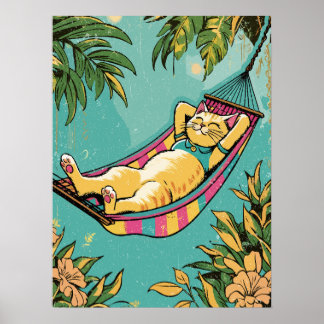 Poster Gato preguiçoso numa rede colorida