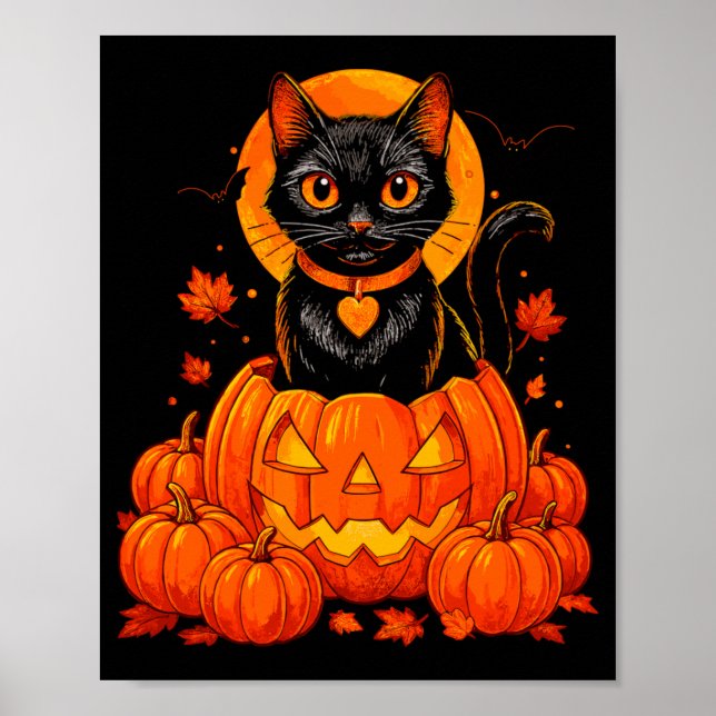Poster Gato Preto Abóbora Lua Halloween Outono (Frente)