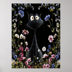 Poster Gato Preto Abstrato Flores Selvagens Coloridas