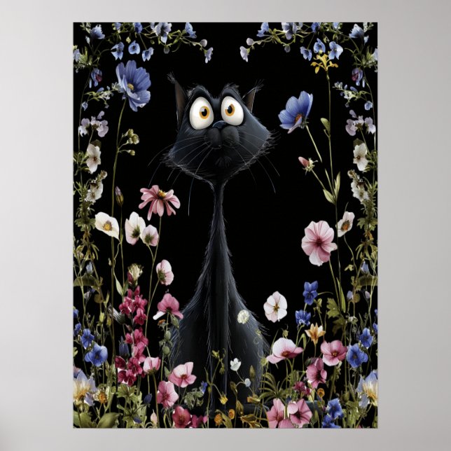Poster Gato Preto Abstrato Flores Selvagens Coloridas (Frente)