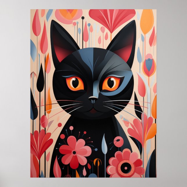 Poster Gato Preto Adorável Com Flores Rosa (Frente)