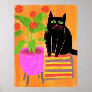 Poster Gato Preto Adorável Com Plantas Domésticas