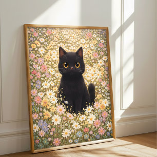 Poster Gato Preto Adorável em um Campo de Margaridas Post