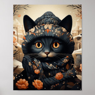 Poster Gato Preto Adorável em um Escarf e Chapéu