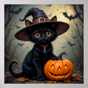 Poster Gato Preto Adorável Usando Chapéu de Bruxa
