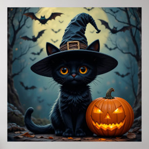 Poster Gato Preto Adorável Vestindo Chapéu de Bruxa