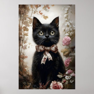 Poster Gato preto amante de flores impressão, vitoriano v