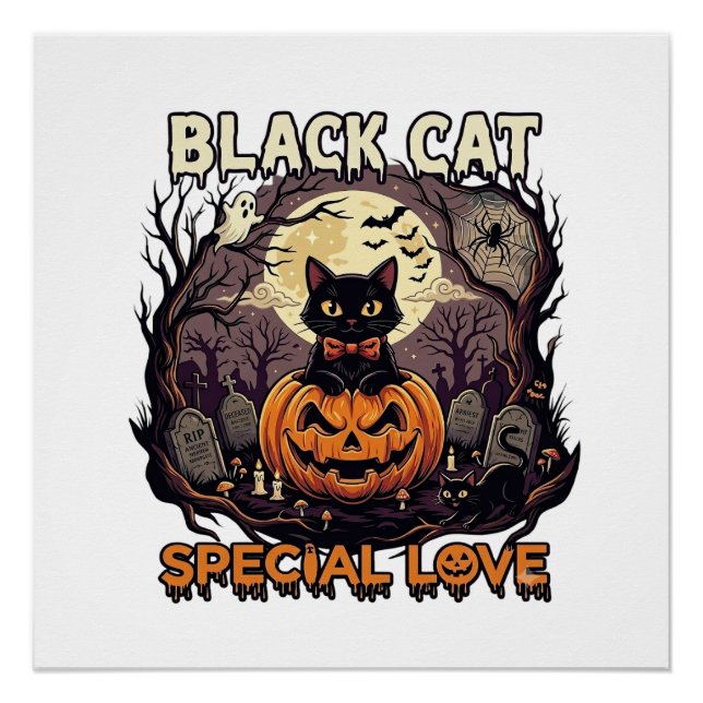 Pôster Gato Preto Amor Especial Halloween Abóbora Lua Che (Frente)