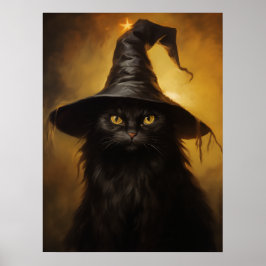 Poster Gato Preto Assustador Com Chapéu De Bruxa