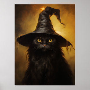 Poster Gato Preto Assustador Com Chapéu De Bruxa