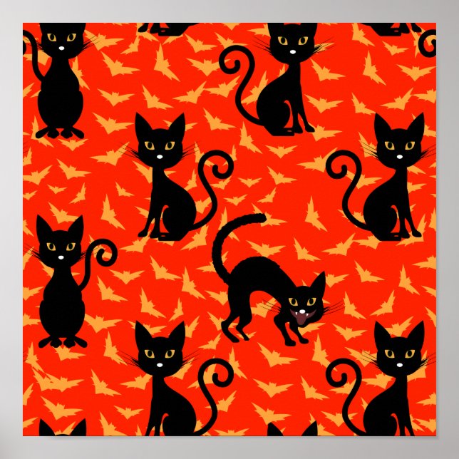 Poster Gato Preto Assustador Gato Halloween Bats Laranja (Frente)