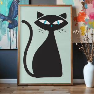 Poster Gato Preto Atômico Retro Moderno Minimalista Elega