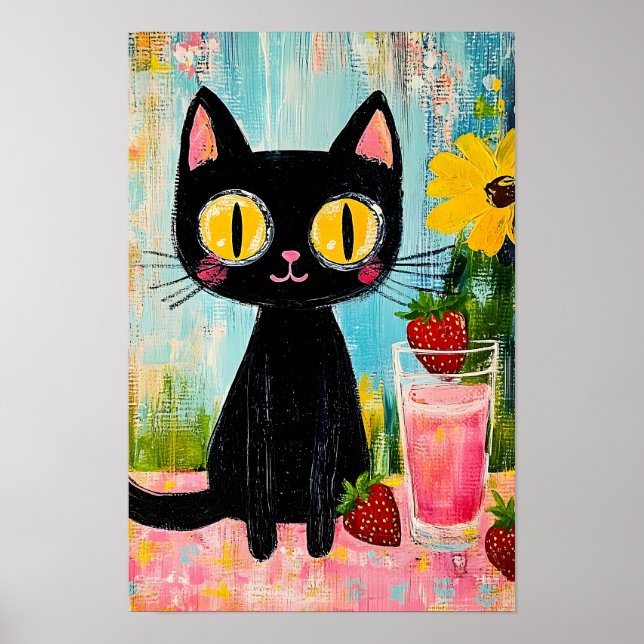 Poster Gato Preto Bebendo Suco de Morango (Frente)