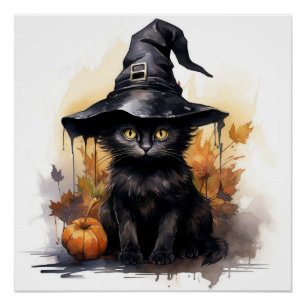 Pôster Gato preto bonito com chapéu preto grande