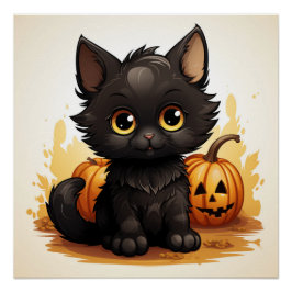 Pôster Gato Preto Bonito com Pumpkins
