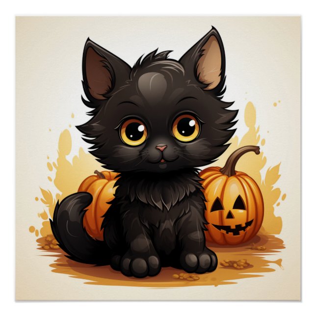 Pôster Gato Preto Bonito com Pumpkins (Frente)