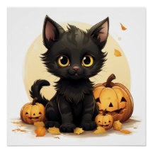 Gato Preto Bonito com Pumpkins