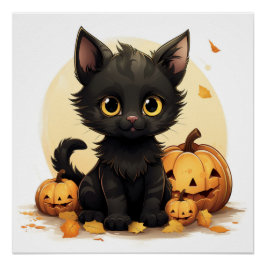 Pôster Gato Preto Bonito com Pumpkins