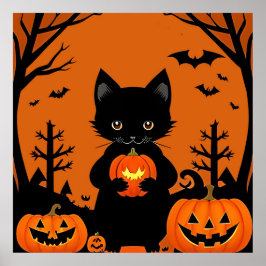 Poster Gato Preto Bonito com Pumpkins do Halloween