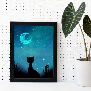 Poster Gato preto brilho céu estrelado ilustração moderna