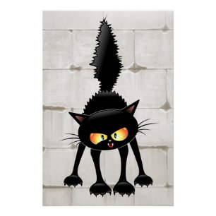 Pôster Gato Preto Cartoon Engraçado e Feroz