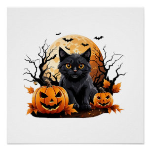 Pôster Gato preto cercado por abóboras