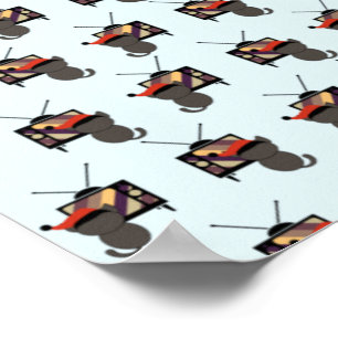 Poster Gato Preto Chapéu de Papai Noel Assistindo TV Retr